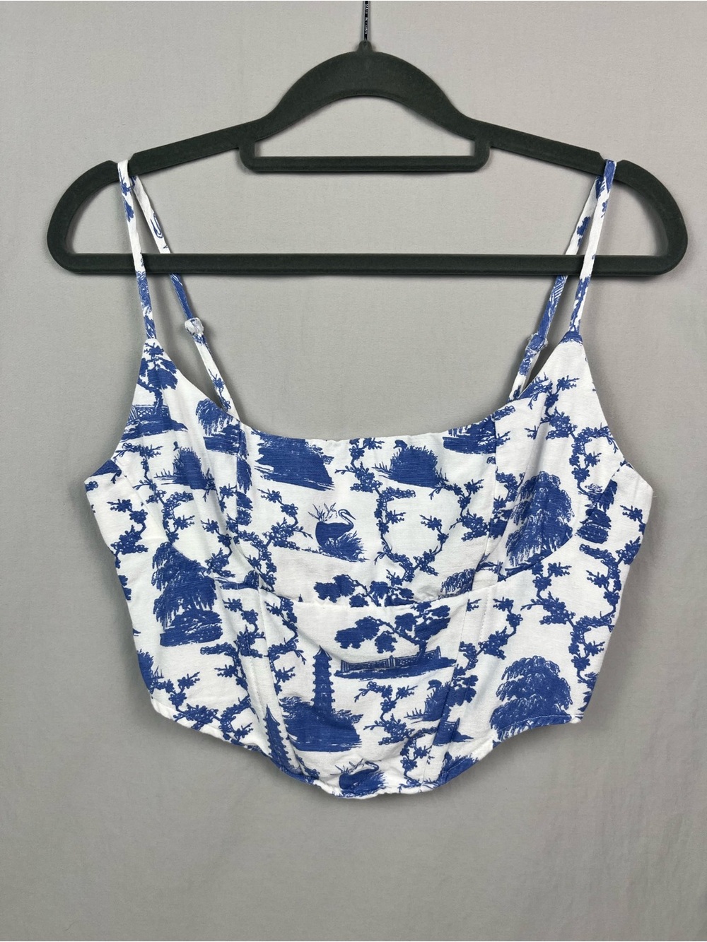 White & Blue Chinoiserie Toile Crop Corset Bustier Top Boho Cottagecore Regency